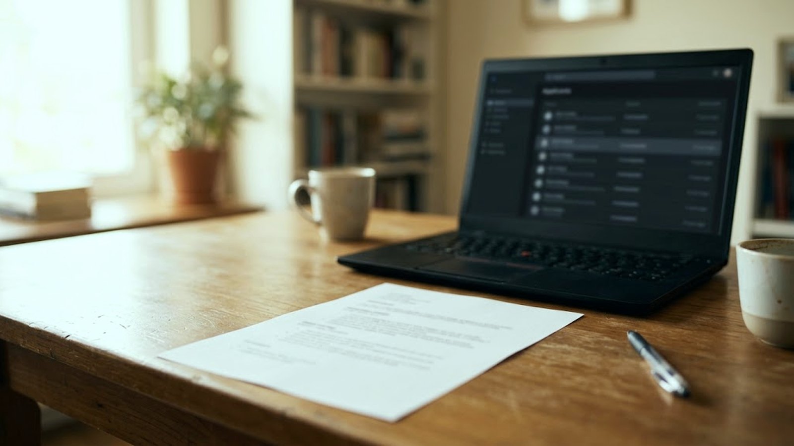 A single-page resume on a desk beside a laptop showing a list of applicants