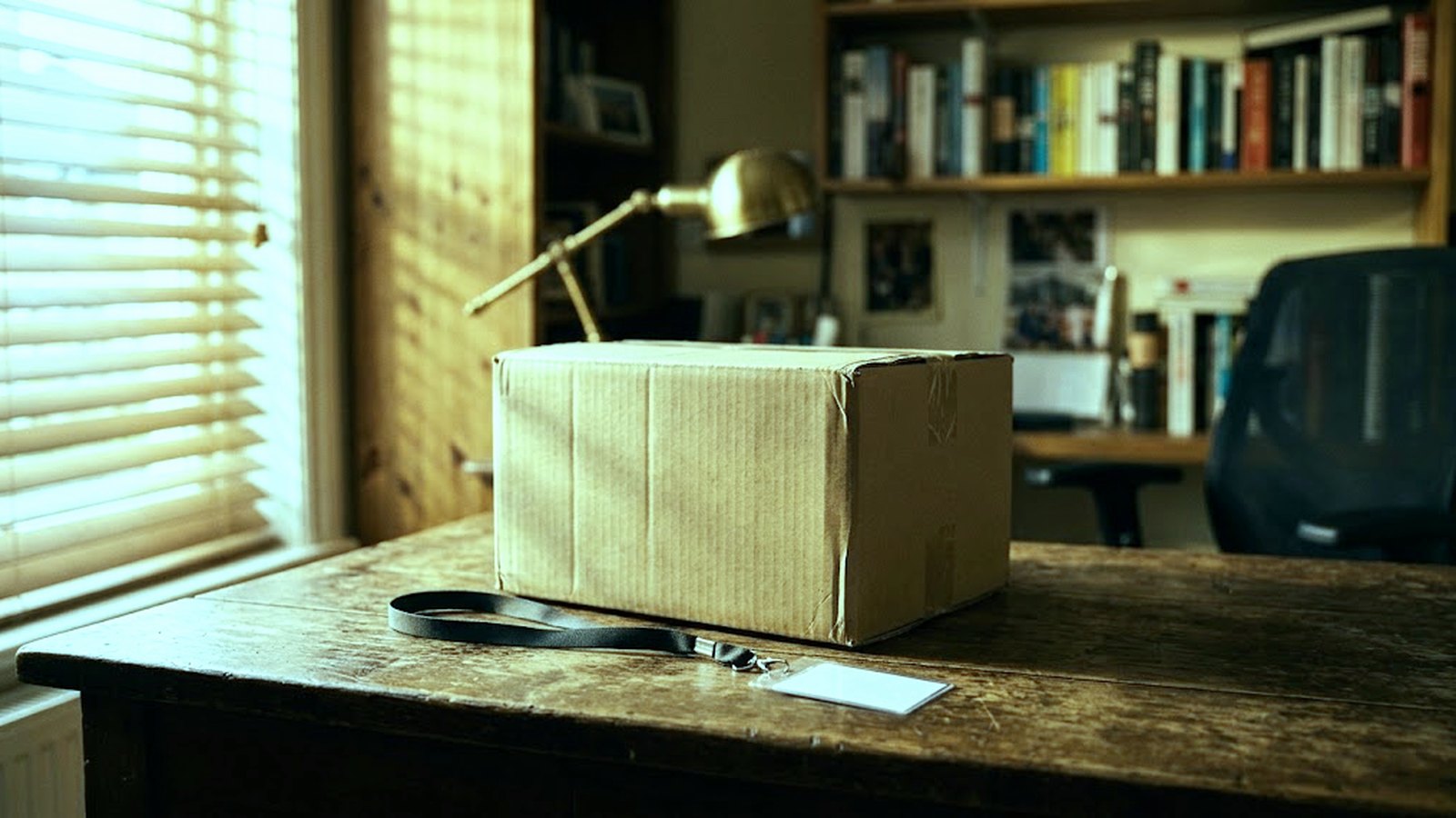 An empty desk with a cardboard box and a lanyard, morning light through office blinds
